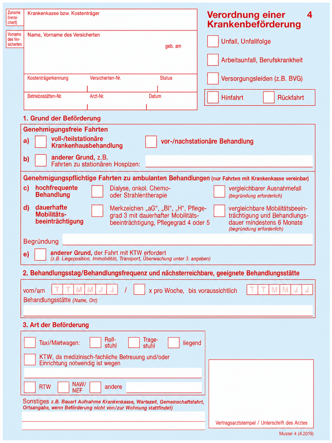 Muster eines Transportscheins für Krankenfahrten