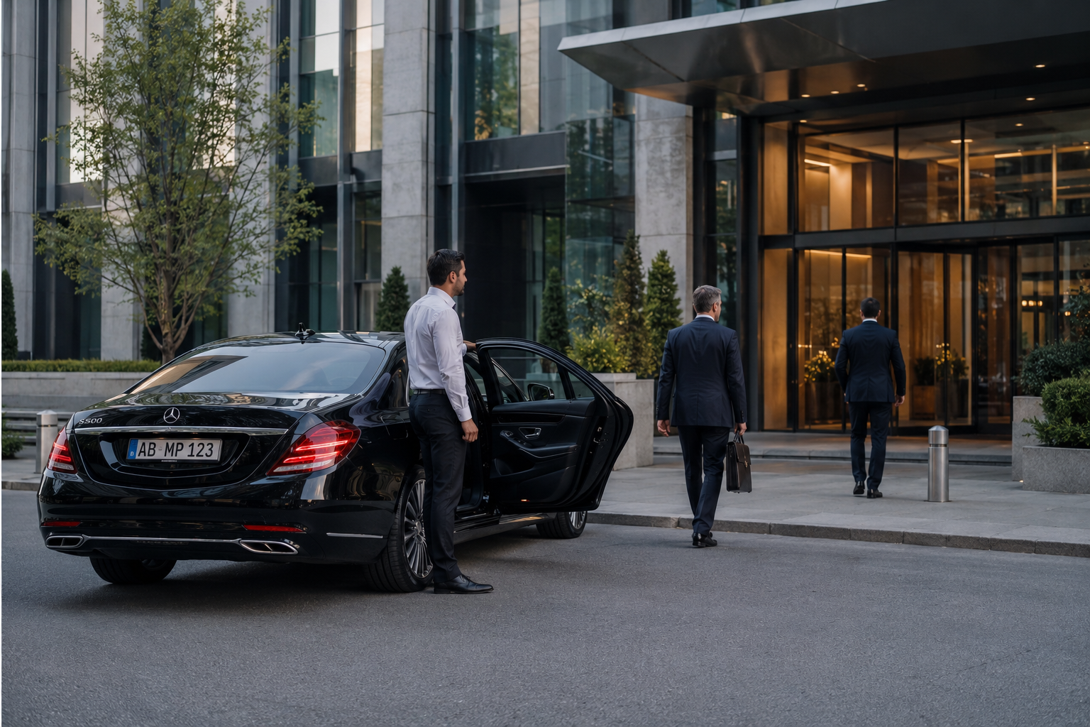 Business-Fahrservice vor einem Unternehmensgebäude