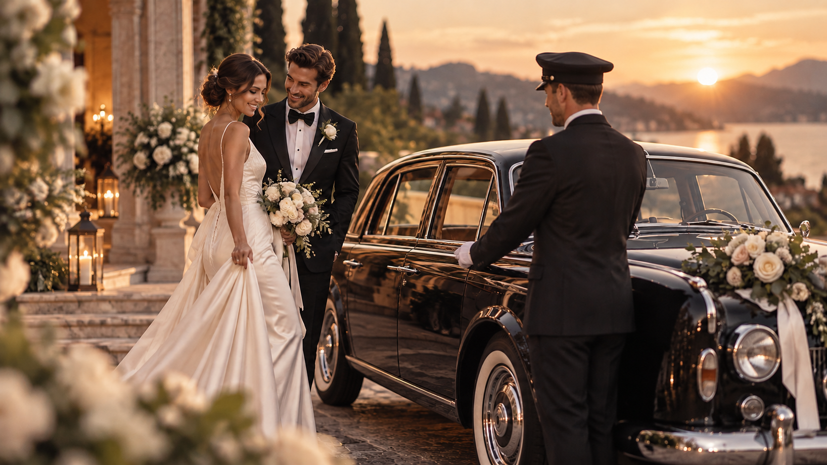 Hochzeitspaar mit Chauffeur an einem klassischen Hochzeitsfahrzeug