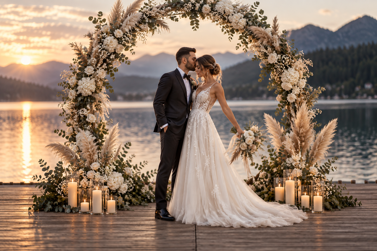 Hochzeitspaar an einer festlich geschmückten Location am Wasser