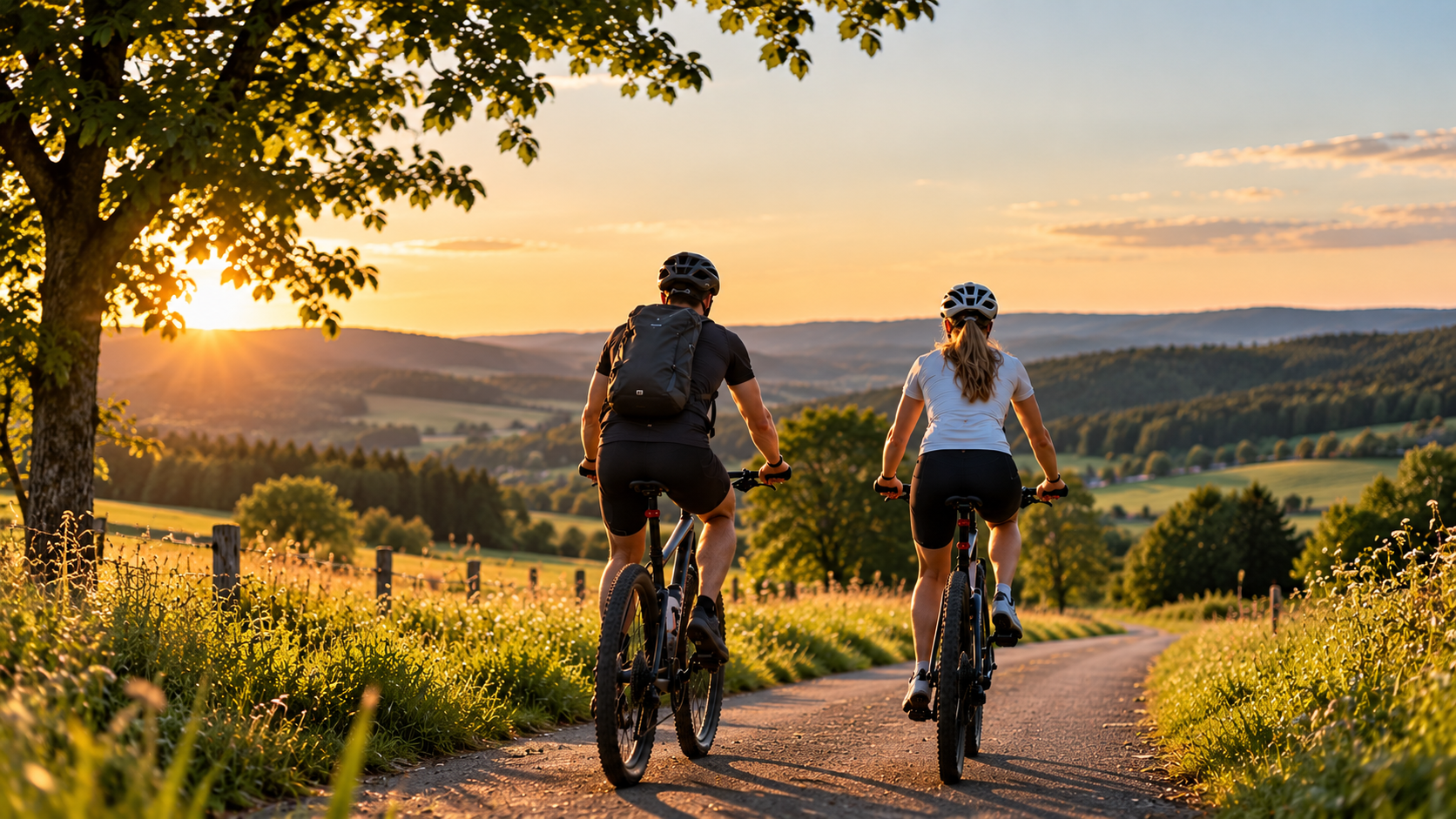 Zwei Radfahrende auf einer Tour durch die Landschaft bei Sonnenuntergang