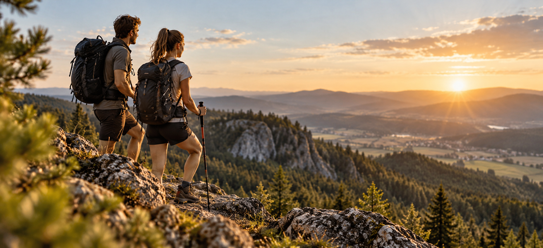 Zwei Wandernde genießen den Blick über bewaldete Hügel im Abendlicht